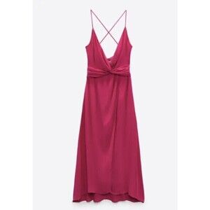 NWOT ZARA WOMAN MIDI DRESS WITH STRAPS Knot Ruching FUCHSIA PINK Size L